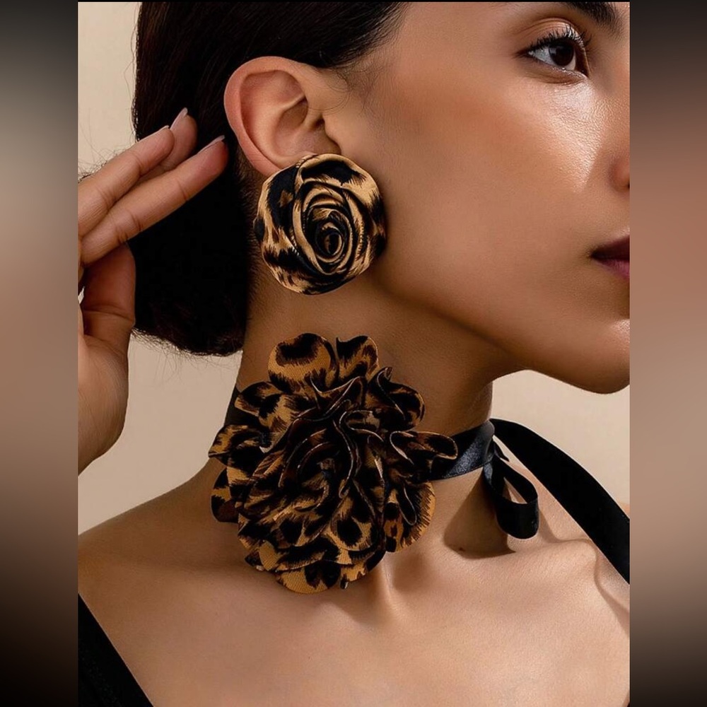 Leopard Print Floral Choker Necklace & Earrings Set